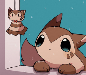 anthro biped brown_body brown_fur fur multicolored_body multicolored_fur raining semi-anthro solo teru_teru_bozu two_tone_body two_tone_fur ke_mo_suke nintendo pokemon furret generation_2_pokemon pokemon_(species) hi_res
