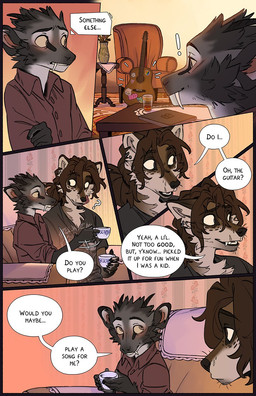 acoustic_guitar anthro biped black_nose blush brown_body brown_eyes brown_fur canine_teeth cheek_tuft clothed clothed_anthro clothing computer container cup dialogue duo electronics eye_contact facial_tuft fur furniture glass glass_container glass_cup grey_body grey_fur guitar hair head_tuft holding_container holding_cup holding_object inner_monologue laptop looking_at_another male male_anthro musical_instrument on_sofa plucked_string_instrument pointy_ears prick_ears sitting sitting_on_sofa snout sofa speech_bubble string_instrument table tan_body tan_fur text text_box thinking tuft tusks yellow_sclera falco_works indy_(justroadkill) pen_(falco_works) canid canine canis cervine coyote deer mammal tufted_deer 2025 comic digital_media_(artwork) english_text hi_res