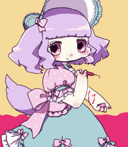 anthro blood blood_leaking bloodletting blush bodily_fluids bow_ribbon clothing dress female fur gore hair headgear headwear heart_eyes heart_symbol multicolored_body multicolored_fur pawpads pink_eyes purple_body purple_fur purple_hair self-harm solo syringe white_body white_fur wound_on_arm wounded pyonko
