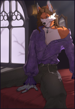 alternative_fashion anthro bed blue_eyes chain clothed clothing collar ear_piercing fur furniture goth gothic_architecture hair inside legwear looking_at_viewer male mirror on_bed orange_body orange_fur piercing ring shirt solo topwear white_body white_fur window kazarart canid canine fox mammal 2026 absurd_res digital_media_(artwork) hi_res