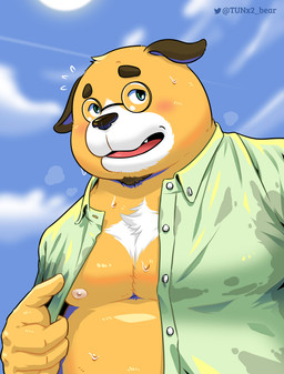 anthro belly big_belly blush bodily_fluids clothed clothing cloud eyewear glasses humanoid_hands kemono male moobs nipples open_clothing open_shirt open_topwear outside overweight overweight_male shirt solo sun sweat topwear tunx2 canid canine canis domestic_dog mammal 2022 absurd_res hi_res