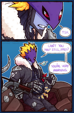 3_eyes armor bandanna_on_arm biker biker_jacket blonde_hair blue_body blue_skin claws clothed clothing digestion digestion_implied digestion_noises duo fangs fluffy_jacket forced hair headgear helmet implied_fatal jacket leather leather_clothing leather_daddy leather_jacket leather_strap leather_topwear male male_pred metal_studs motorcycle motorcycle_helmet multi_eye red_eyes soft_vore solo squirming straps tail teeth text topwear unseen_prey unwilling_prey vehicle vore vore_bulge grumpynoms bandai_namco digimon beelzemon digimon_(species) humanoid comic english_text hi_res