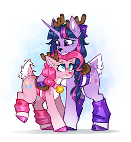 alternate_species antlers bell clothing collar curly_mane duo female female/female female_feral feral horn leg_warmers legwear light buvanybu friendship_is_magic hasbro my_little_pony mythology pinkie_pie_(mlp) twilight_sparkle_(mlp) deer equid equine hybrid mammal mythological_creature mythological_equine new_world_deer reindeer unicorn absurd_res colored digital_drawing_(artwork) digital_media_(artwork) hi_res lighting shaded