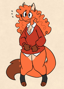 anthro blush blush_stickers bodily_fluids bottomless breasts cleavage clothed clothing collared_shirt curly_hair ear_piercing ear_ring eyewear fangs female fur glasses hair markings mole_(marking) mole_on_breast nerd orange_body orange_fur orange_hair piercing pulling_shirt_down ring_piercing shirt small_breasts solo sweat sweatdrop sweater teeth thick_thighs topwear nerdyreindeer canid canine fox mammal hi_res