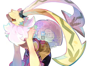 anthro bottomwear clothing fluffy fluffy_chest fur kemono long_ears male orange_eyes pants ponytail_ears solo yellow_body yellow_fur youzaiyouzai112 bandai_namco digimon digimon_ghost_game digimon_(species) symbareangoramon