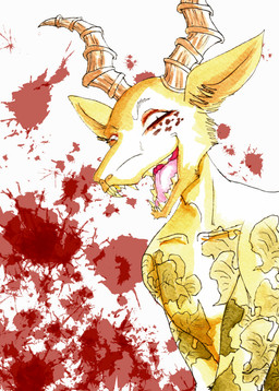 anthro blood bodily_fluids clothed clothing food fruit fur horn leaf male markings melon mostly_nude plant skimpy solo spots spotted_body tattoo yellow_body yellow_fur efradraws beastars melon_(beastars) antelope bovid felid gazelle hybrid leopard mammal pantherine absurd_res hi_res sketch traditional_media_(artwork)