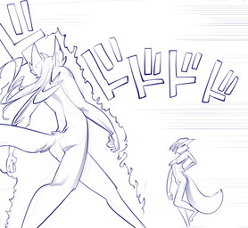 anthro duo energy female jojo_pose nipples parody standing text ratcha jojo's_bizarre_adventure menacing_approach stardust_crusaders kuuko canid canine felid feline fox hybrid mammal 2020 absurd_res blue_and_white digital_media_(artwork) hi_res japanese_text meme monochrome sketch