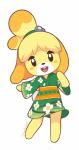 absurd_res animal_crossing anthro asian_clothing barefoot black_eyes blonde_hair buckteeth canid canine canis clothed clothing domestic_dog east_asian_clothing feet female flat_chested full-length_portrait fur hair happy hi_res isabelle_(animal_crossing) japanese_clothing kimono looking_at_viewer mammal nintendo open_mouth portrait raised_arm sash shih_tzu short_hair signature simple_background smile solo standing starbirbz teeth topknot toy_dog yellow_body yellow_fur