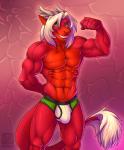 abs anthro athletic biceps biped briefs bulge clothed clothing fangs flexing front_view fur green_eyes grin hair horn looking_at_viewer male muscular muscular_anthro navel pecs pose red_body red_scales red_skin scales smile solo standing tail tail_tuft teeth topless tuft underwear white_hair vallhound mythology rouken rouken_(character) dragon mythological_creature mythological_scalie reptile scalie 2015 digital_media_(artwork) hi_res portrait three-quarter_portrait