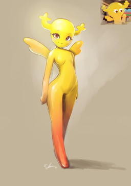 breasts comparison featureless_breasts featureless_crotch female horn looking_at_viewer not_furry nude smile solo standing wide_hips wings yellow_body adry53 cartoon_network the_amazing_world_of_gumball penny_fitzgerald humanoid winged_humanoid absurd_res hi_res