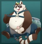 anthro balls belly big_belly blue_rope brown_body erection foreskin genitals heart_symbol humanoid_genitalia humanoid_penis kemono leaf male navel overweight overweight_male penis rope sitting small_penis solo white_body 96panda afk_arena lilith_games raku_(afk_arena) mammal procyonid raccoon 2022 hi_res