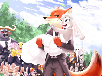 accessory anthro black_nose bridal_carry brown_body brown_eyes brown_fur buckteeth carrying_another clapping clothing cloud dress duo_focus female flower frown fur green_eyes grey_body grey_fur group half-closed_eyes horn hug inner_ear_fluff large_group long_ears looking_back male narrowed_eyes necktie outside plant predator/prey proboscis_(anatomy) purple_eyes red_eyes size_difference smile suit teeth tree trunk_(anatomy) tuft tusks wedding_dress white_body white_fur 瘋喵 disney zootopia benjamin_clawhauser chief_bogo duke_weaselton finnick_(zootopia) flash_slothmore judy_hopps nick_wilde bovid bovine canid canine canis cape_buffalo cheetah domestic_dog elephant elephantid felid feline fennec_fox fox lagomorph least_weasel leporid mammal mustelid musteline pantherine pilosan proboscidean rabbit red_fox sloth three-toed_sloth tiger true_fox true_musteline weasel wolf xenarthran 2016 4:3 hi_res