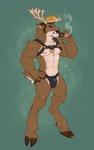 alternative_fashion anthro antlers blonde_hair blush brown_body brown_fur bulge cigar clothed clothing cloven_hooves fur greaser hair hand_on_hip harness hooves horn jockstrap looking_at_viewer male muscular muscular_anthro muscular_male pompadour psychobilly short_tail skimpy smoking solo tail underwear rexjaws deer mammal new_world_deer reindeer