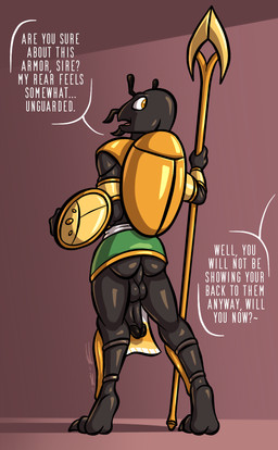 anthro armor backsack balls bottomwear butt clothing dialogue duo feet fingers genitals guard half-erect holding_melee_weapon holding_object holding_polearm holding_shield holding_spear holding_weapon humanoid_genitalia humanoid_penis ineffective_clothing loincloth looking_back male melee_weapon offscreen_character penis polearm shield simple_background spear standing text weapon bassybefuddle conditional_dnp arthropod beetle insect digital_media_(artwork) english_text hi_res