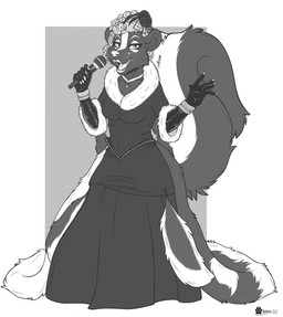 anthro bracelet claws clothed clothing dress electronics eyelashes fangs female fingers fur hair half-closed_eyes holding_microphone holding_object jewelry lipstick looking_at_viewer makeup markings microphone mole_(marking) narrowed_eyes necklace open_mouth raised_tail solo standing tail teeth tongue whiskers marcushunter masked_singer skunk_(masked_singer) mammal mephitid skunk 2025 digital_drawing_(artwork) digital_media_(artwork) english_description hi_res signature