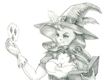 anthro anthrofied book breasts cleavage clothed clothing female gem glowing glowing_horn hair hat hat_feather headgear headwear horn loose_feather magic solo unicorn_horn witch_hat baron_engel friendship_is_magic hasbro my_little_pony mythology rarity_(mlp) equid equine mammal mythological_creature mythological_equine unicorn greyscale monochrome