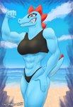 anthro beach bra clothing cloud crop_top female flexing larger_female muscular muscular_female sea shirt size_difference sky smile smiling_at_viewer solo sports_bra thong topwear underwear water thesnapperxxx nintendo pokemon feraligatr generation_2_pokemon humanoid pokemon_(species) absurd_res hi_res