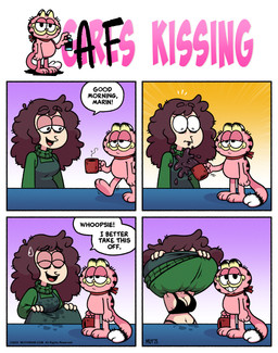 anthro black_bra black_clothing black_eyes black_panties black_underwear bra breasts brown_hair cleavage clothed clothing dialogue dipstick_tail duo eyelashes female front_view fur hair looking_at_viewer markings navel panties parody pink_body pink_fur smile speech_bubble tail tail_markings tan_body tan_skin text underwear undressing muyharim garfield_(series) domestic_cat felid feline felis human mammal 4koma comic english_text hi_res