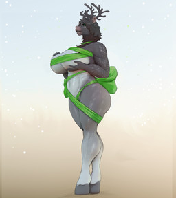 5_fingers abs anthro antlers big_breasts black_eyebrows bow_ribbon breasts eyebrows female fingers freckled_arms freckled_face freckled_shoulders freckles fur green_eyes grey_antlers grey_body grey_fur grey_hair grey_hooves hair hand_on_breast hooves horn multicolored_body multicolored_fur muscular muscular_anthro muscular_female navel ribbon_only solo standing thick_thighs wide_hips keeltheequine aima_tahtivyo_(lynxzy) deer mammal new_world_deer reindeer hi_res