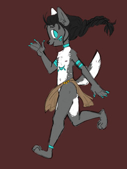 adolescent anthro barefoot bottomwear bracelet braided_hair braided_ponytail clothing collar feet female gesture hair jewelry loincloth long_hair looking_at_viewer nipples nude ponytail running side_view simple_background smile solo standing tail tattoo tribal tribal_clothing waving waving_at_viewer windswept_hair young young_anthro young_female chibemo canid canine mammal 3:4 hi_res sketch