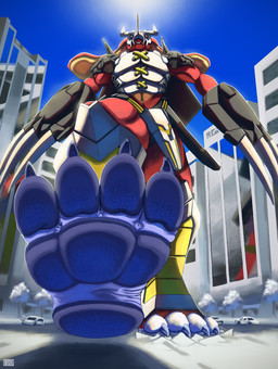 3_toes 4_toes anthro armor building car city claws clothing destruction feet foot_fetish foot_focus headgear helmet horn low-angle_view macro male outside pawpads paws plant red_body sky soles solo stomping toe_claws toes tree vehicle weapon zero.one bandai_namco digimon digimon_(species) scalie wargreymon hi_res