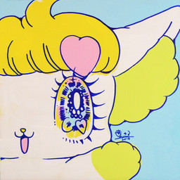accessory alternative_fashion ambiguous_gender anthro bangs big_eyes blonde_hair chibi close-up eyelashes fairy_kei glistening glistening_eyes gloves_(marking) hair hair_accessory hairclip handpaw heart_symbol inner_ear_fluff j-fashion kemono markings multicolored_eyes on_model open_mouth open_smile paws pointy_ears prick_ears rainbow_eyes smile solo sparkles sparkling_eyes superflat tuft white_body yellow_nose yurie_sekiya peropero_sparkles rue_(peropero_sparkles) alien domestic_cat felid feline felis mammal 2018 hi_res marker_(artwork) official_art pastel_theme traditional_media_(artwork)