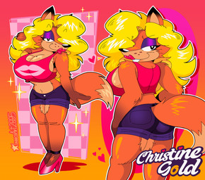 anthro big_breasts black_eyes blonde_hair bottomwear bra breasts cleavage clothed clothing eyelashes eyeshadow female freckled_face freckles fur hair hair_over_eye huge_breasts lipstick looking_at_viewer looking_back makeup navel orange_body orange_fur purple_eyeshadow shorts simple_background solo sports_bra tail topwear underwear isaacsart2005 christine_gold canid canine fox mammal 2026 digital_drawing_(artwork) digital_media_(artwork) hi_res