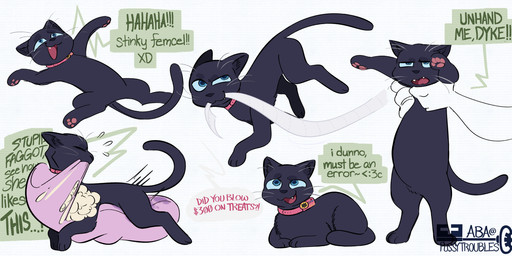 3_toes ambiguous_gender ambiguous_human annoyed bite black_body black_ears black_eyebrows black_fur black_nose black_tail blue_eyes blue_sclera bodily_fluids carrying_another collar color_coded_text dialogue digitigrade disembodied_hand eyebrows eyes_closed faceless_ambiguous faceless_character faceless_human fangs feet female female_feral female_focus feral feral_focus flying_sweatdrops fur genital_fluids green_text grey_whiskers grinding homophobia homophobic_slur key laugh looking_back lying masturbation motion_lines offscreen_character on_back open_mouth pawpads pillow pillow_bite pillow_humping pink_collar pink_pawpads pink_text pink_tongue pointy_ears prick_ears pupils quadruped running simple_background sitting snout solo solo_focus speech_bubble sweat sweatdrop tail talking_to_another talking_to_self teeth text thrusting toes toilet_paper toilet_paper_in_mouth tongue vaginal vaginal_fluids vaginal_fluids_on_pillow vaginal_masturbation whiskers white_background pussytroubles domestic_cat felid feline felis human mammal 2026 absurd_res artist_name english_text handwritten_text hi_res multiple_images watermark