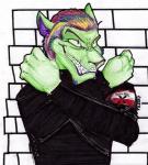 5_fingers anthro armband clothing evil_grin fingers fur green_body green_fur grin hair hammer insignia logo male multicolored_hair rainbow_hair smile solo teeth tools uniform thegirlcalledratha pink_floyd the_wall_(album) felid mammal unknown_species 2011 traditional_media_(artwork)