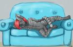 anthro balls biped black_body black_fur circumcised erection eyes_closed femboy fur furniture genitals grey_body grey_fur hair humanoid_genitalia humanoid_penis lying male penis red_hair sleeping sofa solo byondrage domestic_cat felid feline felis mammal