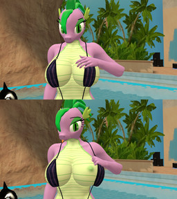 aged_up anthro big_breasts breasts cleavage clothed clothing crossgender female flashing flashing_nipples full_cleavage nipples non-mammal_breasts one-piece_swimsuit revealing_breasts sling_bikini solo swimming_pool swimwear tongue tongue_out water papadragon69 friendship_is_magic hasbro my_little_pony mythology spike_(mlp) dragon mythological_creature mythological_scalie scalie 3d_(artwork) comic digital_media_(artwork) hi_res source_filmmaker_(artwork)