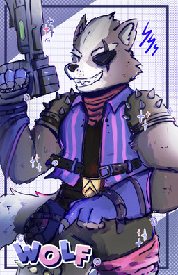 anthro belt black_nose claws clothing eye_patch eye_scar eyewear facial_scar finger_claws fingerless_gloves fur geometric_background gloves grey_body grey_fur grid_background gun handwear holding_gun holding_object holding_ranged_weapon holding_weapon humanoid_hands kerchief looking_at_viewer male neckerchief neckwear pattern_background purple_clothing purple_topwear purple_vest ranged_weapon red_eyes scar simple_background smile smiling_at_viewer solo spiked_arm_pads tail text topwear vest weapon white_background ghosty5am nintendo star_fox wolf_o'donnell 2025 digital_drawing_(artwork) digital_media_(artwork) english_description english_text hi_res