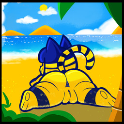 anthro anus beach big_butt black_border blue_anus blue_body blue_fur blue_hair border butt cloud feet female fur genitals hair lying markings nude on_front plump_labia rear_view sea short_hair sky smile solo spread_legs spreading striped_markings striped_tail stripes sun tail tail_markings thick_thighs vulva water wide_hips yellow_body yellow_fur heyomaerow animal_crossing nintendo ankha_(animal_crossing) domestic_cat felid feline felis mammal 1:1 absurd_res hi_res