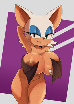 anthro areola big_breasts breasts brown_areola covering covering_breasts female genitals green_eyes huge_breasts nude solo thick_thighs vulva wings wings_covering_breasts wings_on_breasts god1annie sega sonic_the_hedgehog_(series) rouge_the_bat bat mammal