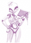 anthro breasts female food looking_at_viewer machine non-mammal_breasts pizza simple_background smile solo white_background bleedman five_nights_at_freddy's scottgames chica_(fnaf) animatronic avian bird chicken galliform gallus_(genus) phasianid robot 2015