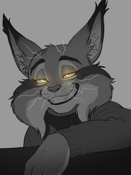 anthro clothed clothing fur glowing glowing_eyes grey_body grey_fur looking_at_viewer male simple_background smile smiling_at_viewer solo sweater teeth topwear whiskers yellow_eyes prismanoodle disney zootopia pawbert_lynxley canada_lynx felid feline felis lynx mammal 3:4 hi_res monochrome