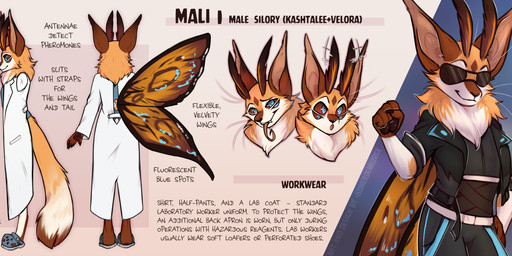 antennae_(anatomy) anthro big_ears big_tail claws clothing dark_sclera fluffy fluffy_tail front_view male neck_tuft redesign side_view simple_background smile surprised tail text tongue tongue_out tuft wings lonerdemiurge mali_(mali.maw) silory absurd_res english_text hi_res