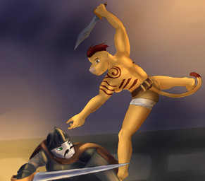 anthro armor attack breasts butt cape clothed clothing duo female furgonomics jumping knight kukri male markings mohawk side_boob tail tail_clothing tattoo topless warrior weapon bunnylace dara_(character) felid lion mammal pantherine hi_res