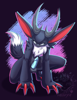 3_claws animal_genitalia animal_penis ankle_tuft anthro anthrofied antlers arm_tuft backsack balls big_claws biped black_body black_fur black_hair blue_background blue_eyes blue_nose blue_penis claw_fingers claws crouching curved_horn digitigrade dipstick_tail disapproval feline_genitalia feline_penis femboy fluffy fluffy_tail fur genitals glowing glowing_eyes gradient_background hair horn leg_tuft long_ears male male_anthro markings multicolored_body multicolored_fur neck_tuft nude penile_spines penis pink_background plantigrade purple_background purple_spots red_inner_ear scimitar_horns sharp_horn shoulder_tuft simple_background solo spots tail tail_brush tail_markings text thick_thighs tuft two_tone_body two_tone_fur white_body white_fur tasseya palworld pocketpair lagomorph leporid loupmoon mammal pal_(species) rabbit werecreature werelagomorph wererabbit 2026 absurd_res digital_drawing_(artwork) digital_media_(artwork) hi_res signature url watermark
