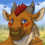 anthro blue_eyes bodypaint face_paint facial_piercing feathers horn male mohawk nose_piercing nose_ring piercing ring_piercing smile soft_smile solo phoeline aridarmus bovid bovine cattle jersey_cattle mammal 1:1 icon