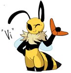 antennae_(anatomy) anthro arthropod_abdomen boomerang female hand_on_hip holding_boomerang one_eye_closed simple_background smile solo stinger white_background wink yellow_body rediculous bug_fables moonsprout_games vi_(bug_fables) arthropod bee hymenopteran insect