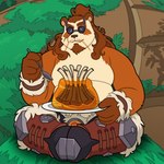 1:1 4_fingers absurd_res anthro arm_tuft armor bear blizzard_entertainment brown_body brown_eyebrows brown_fur brown_hair cel_shading cheek_tuft confusion curled_hair cutlery dessert detailed_background eating elbow_tuft eye_markings eyebrows eyewear facial_hair facial_scar facial_tuft fingers food fur fur_trim_(clothing) gelatin goatee hair hi_res holding_plate holding_spoon jelly_(food) kitchen_utensils long_hair male mammal markings meat moss orange_body orange_fur outside pandaren plant quasarbearcat scar shaded shirtless sitting solo spoon sunglasses tied_hair tools tuft warcraft white_body white_fur