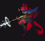 alternative_fashion anthro arc_thrower black_background black_body black_fur cheek_tuft clothing electricity energy_weapon eyes_closed facial_tuft feathered_wings feathers fur hair laser laser_beam laser_gun laser_rifle male open_mouth open_smile poncho ranged_weapon red_body red_fur red_hair sharp_teeth simple_background smile solo steampunk teeth tuft weapon winged_arms wings xing1 avali avian absurd_res hi_res