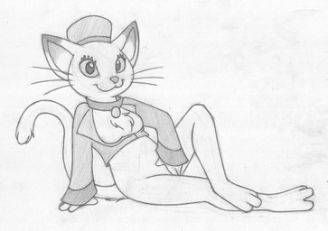anthro arm_support biped bottomless breasts cleavage cleavage_cutout clothed clothing collar convenient_censorship cutout female hat headgear headwear looking_at_viewer reclining simple_background sitting smile solo whiskers mizzyam domestic_cat felid feline felis mammal character_request graphite_(artwork) greyscale hi_res monochrome traditional_media_(artwork)