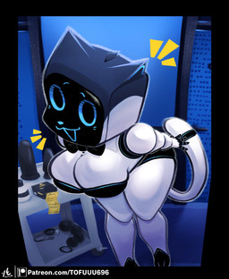 anthro big_breasts black_border black_bow_tie black_clothing black_eyes black_leotard blue_nose blue_sclera border bow_tie breasts cleavage clothed clothing female front_view huge_breasts leotard looking_at_viewer machine screen screen_face sex_toy solo text thick_thighs white_body wide_hips tofuuu pudu_robotics bellabot domestic_cat felid feline felis mammal robot robot_anthro hi_res url