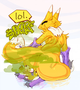 anthro arm_warmers armwear big_butt black_body black_fur bloodshot_eyes breasts bulging_eyes butt clothing duo fart fart_cloud fart_fetish farting_on_another female female_farting fluffy fluffy_tail fur multicolored_body multicolored_fur nude sitting_on_another tail two_tone_body two_tone_fur white_body white_fur yellow_body yellow_fur iamapoliceman bandai_namco digimon hasbro digimon_(species) mammal mephitid renamon skunk hi_res