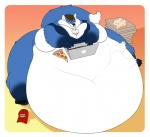 anthro belly big_belly blue_body blue_fur food fur huge_belly hyper hyper_belly male male_pred moobs obese oral_vore overweight pizza vore artisipancake illford canid canine fox mammal hi_res