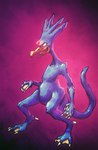 2015 abstract_background ambiguous_gender anthro beak bittertooth blue_body blue_feathers evil_grin feathers feet generation_1_pokemon golduck grin long_tail membrane_(anatomy) nintendo open_mouth pokemon pokemon_(species) red_eyes simple_background smile solo tail toes tongue tongue_out webbed_feet webbed_hands