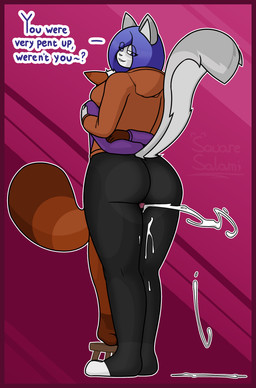 anthro bodily_fluids border bottomless clothed clothing cum duo ejaculation female furniture genital_fluids hoodie hoodie_only looking_back male male/female red_border sex size_difference stool text thigh_sex thighs_together topwear topwear_only translucent translucent_clothing squaresalami echoya_(squaresalami) mucho_(squaresalami) ailurid felid feline mammal red_panda absurd_res hi_res