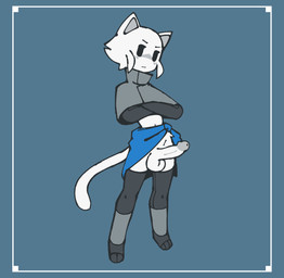 anthro balls biped blue_background blue_clothing clothed clothing clothing_around_waist crossed_arms erection front_view fur genitals grey_clothing grey_inner_ear humanoid_genitalia male partially_clothed penis simple_background solo standing tail white_body white_fur echossmetches domestic_cat felid feline felis mammal 2025 digital_drawing_(artwork) digital_media_(artwork)